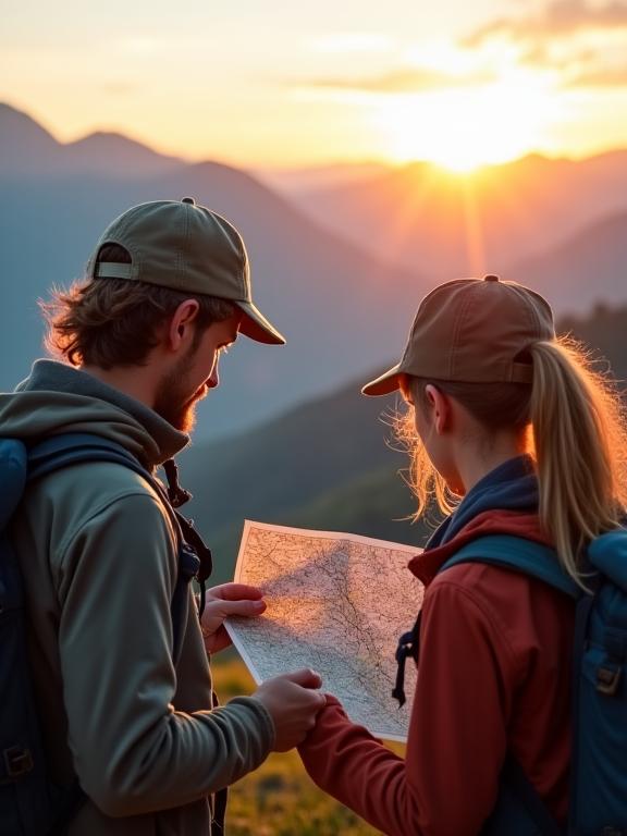 Zwei Reisende studieren eine Landkarte in einer malerischen Bergumgebung bei Sonnenaufgang, ein Symbol für Entdeckung und Planung