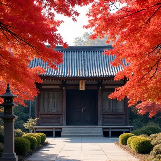 Traditioneller japanischer Tempel im Herbst umgeben von leuchtenden roten Ahornblättern