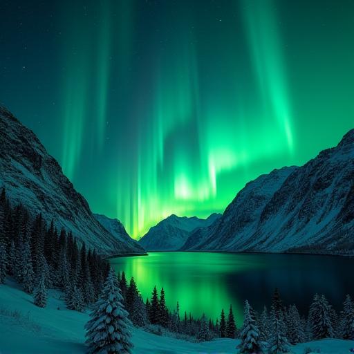 Grüne Nordlichter über einer verschneiten Landschaft in Norwegen, spiegelt sich geheimnisvoll im ruhigen Fjordwasser