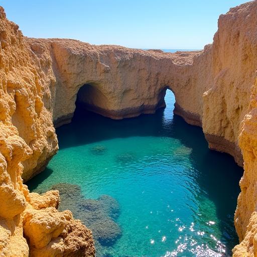 Felsige Küste der Algarve in Portugal mit goldgelben Felsen und dem tiefblauen Atlantik